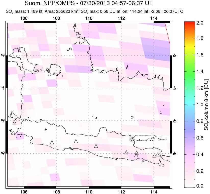 A sulfur dioxide image over Java, Indonesia on Jul 30, 2013.