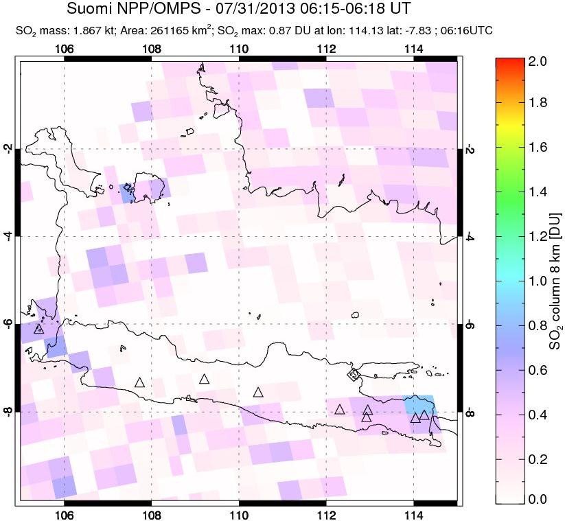 A sulfur dioxide image over Java, Indonesia on Jul 31, 2013.