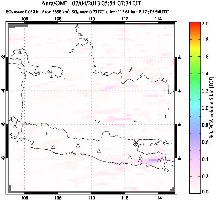 A sulfur dioxide image over Java, Indonesia on Jul 04, 2013.