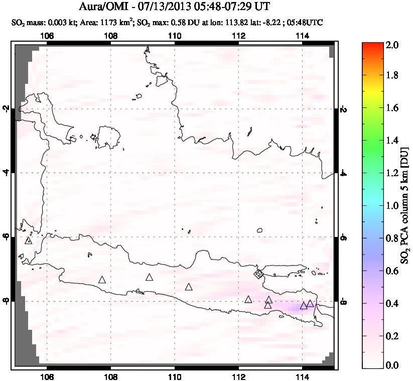 A sulfur dioxide image over Java, Indonesia on Jul 13, 2013.