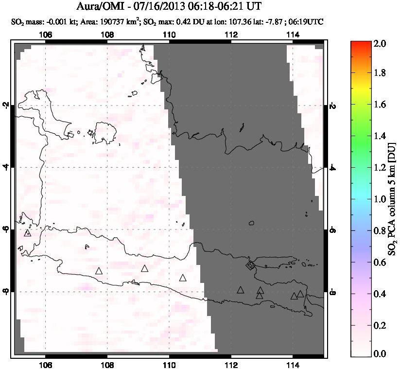 A sulfur dioxide image over Java, Indonesia on Jul 16, 2013.