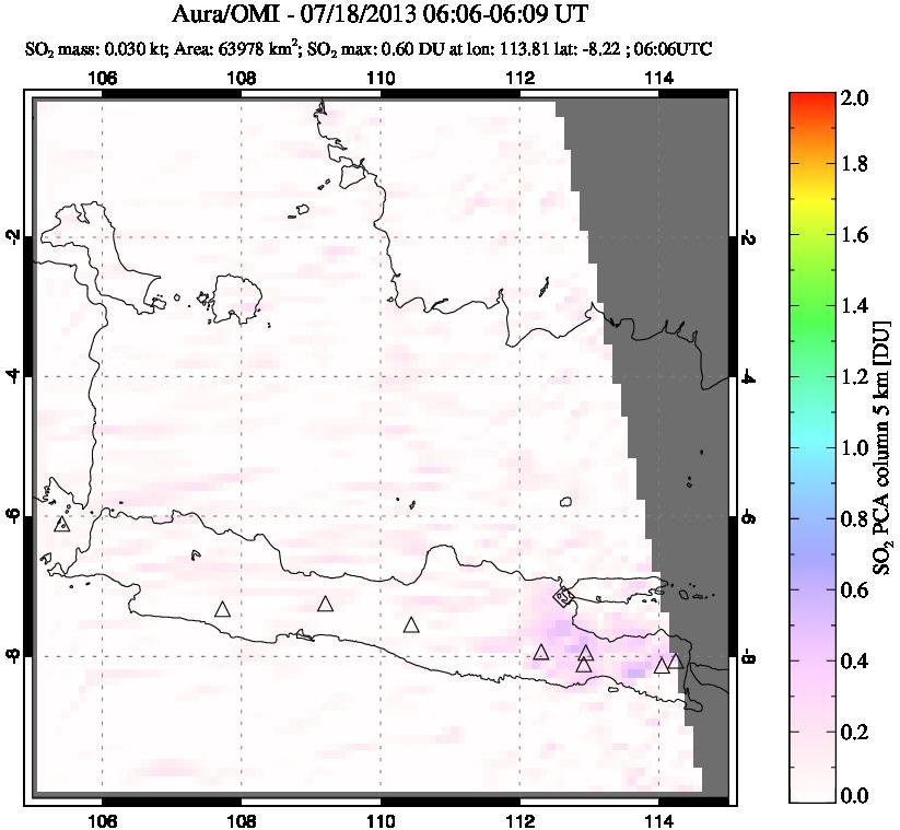 A sulfur dioxide image over Java, Indonesia on Jul 18, 2013.