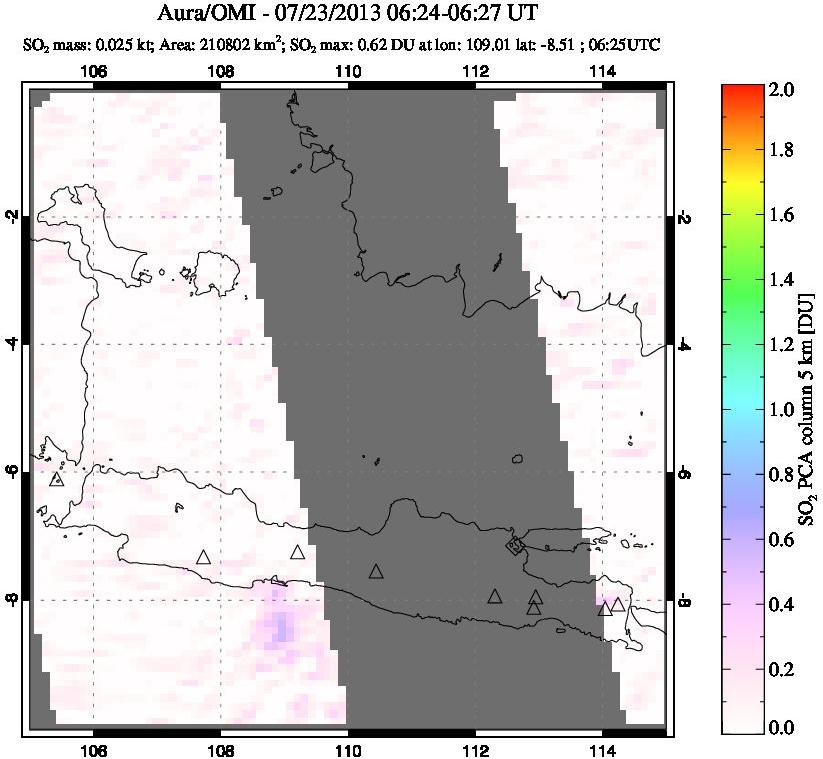A sulfur dioxide image over Java, Indonesia on Jul 23, 2013.