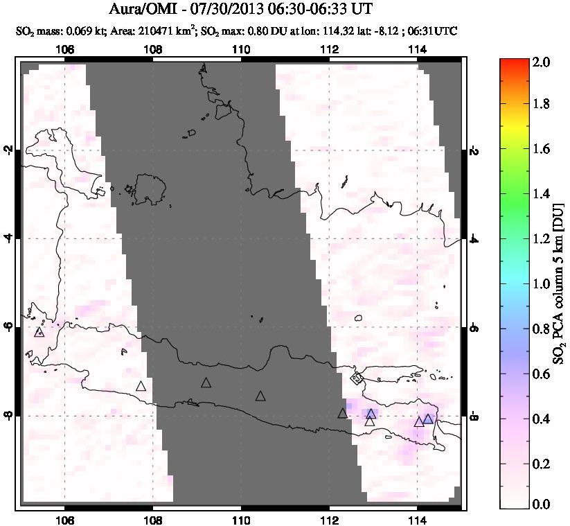 A sulfur dioxide image over Java, Indonesia on Jul 30, 2013.