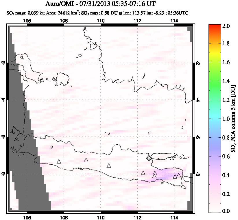 A sulfur dioxide image over Java, Indonesia on Jul 31, 2013.