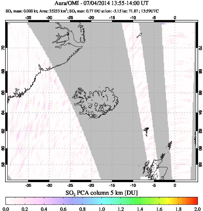 A sulfur dioxide image over Iceland on Jul 04, 2014.
