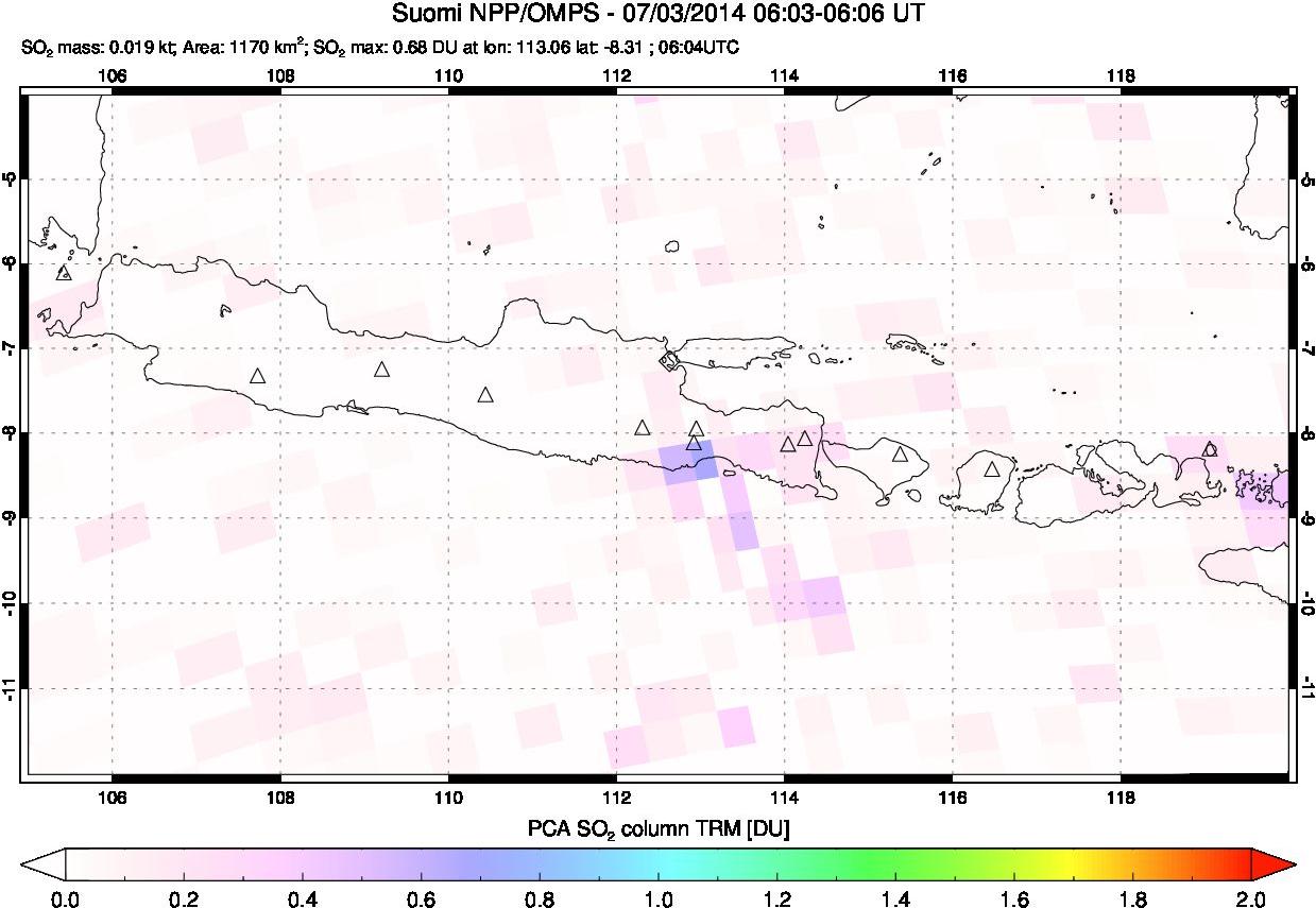 A sulfur dioxide image over Java, Indonesia on Jul 03, 2014.