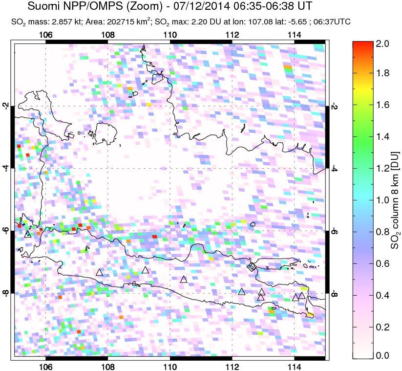 A sulfur dioxide image over Java, Indonesia on Jul 12, 2014.