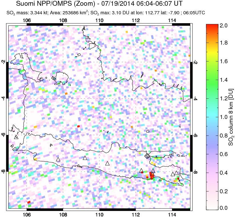 A sulfur dioxide image over Java, Indonesia on Jul 19, 2014.