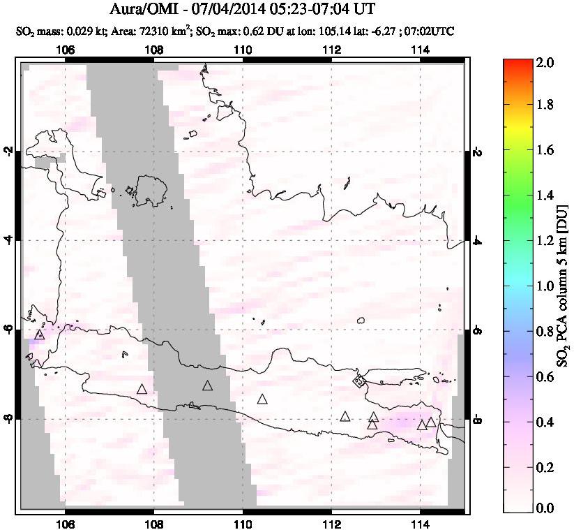 A sulfur dioxide image over Java, Indonesia on Jul 04, 2014.