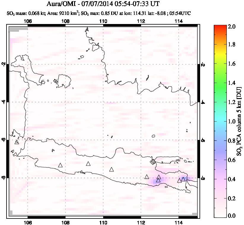 A sulfur dioxide image over Java, Indonesia on Jul 07, 2014.