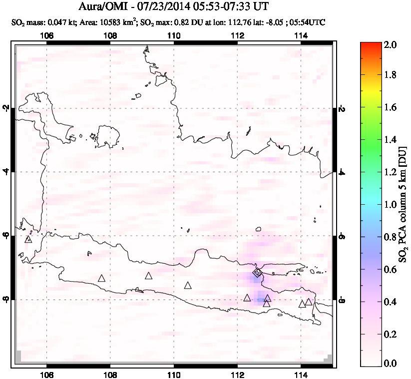 A sulfur dioxide image over Java, Indonesia on Jul 23, 2014.