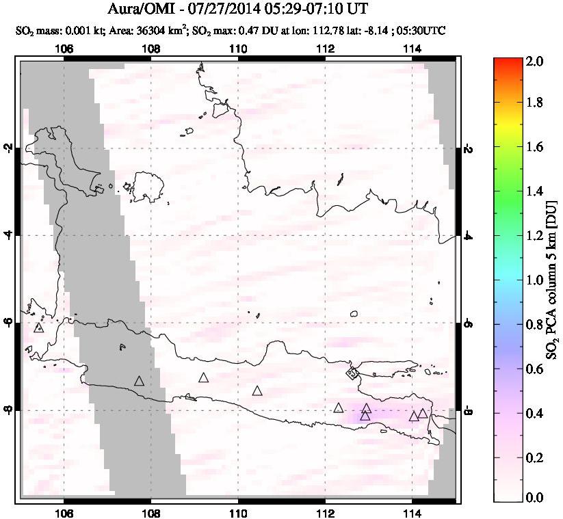 A sulfur dioxide image over Java, Indonesia on Jul 27, 2014.