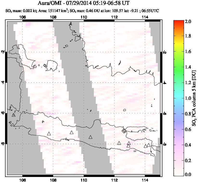 A sulfur dioxide image over Java, Indonesia on Jul 29, 2014.