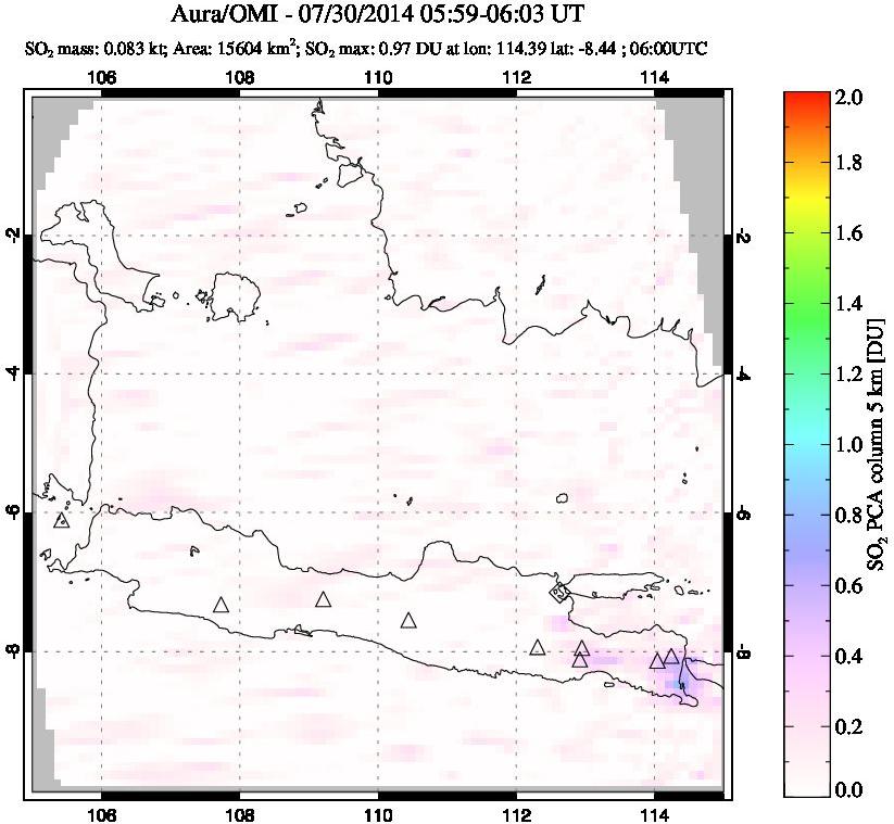 A sulfur dioxide image over Java, Indonesia on Jul 30, 2014.