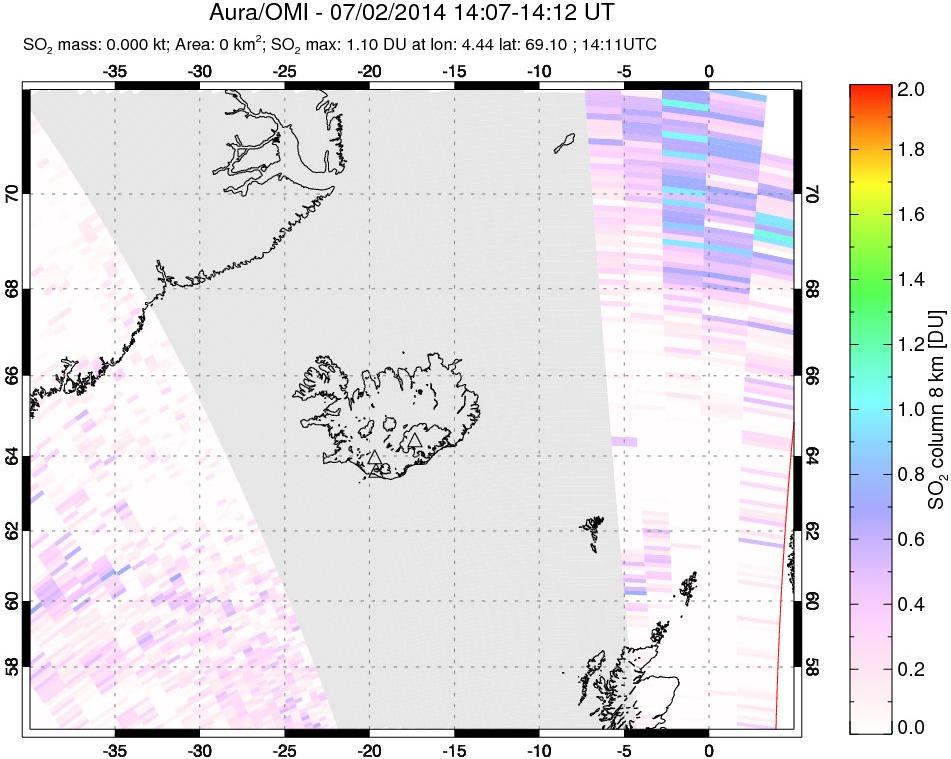 A sulfur dioxide image over Iceland on Jul 02, 2014.