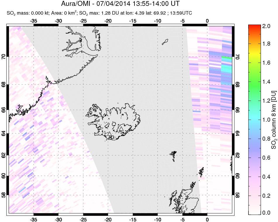 A sulfur dioxide image over Iceland on Jul 04, 2014.