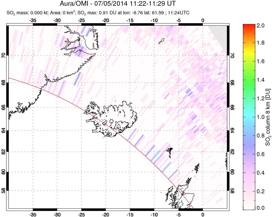 A sulfur dioxide image over Iceland on Jul 05, 2014.