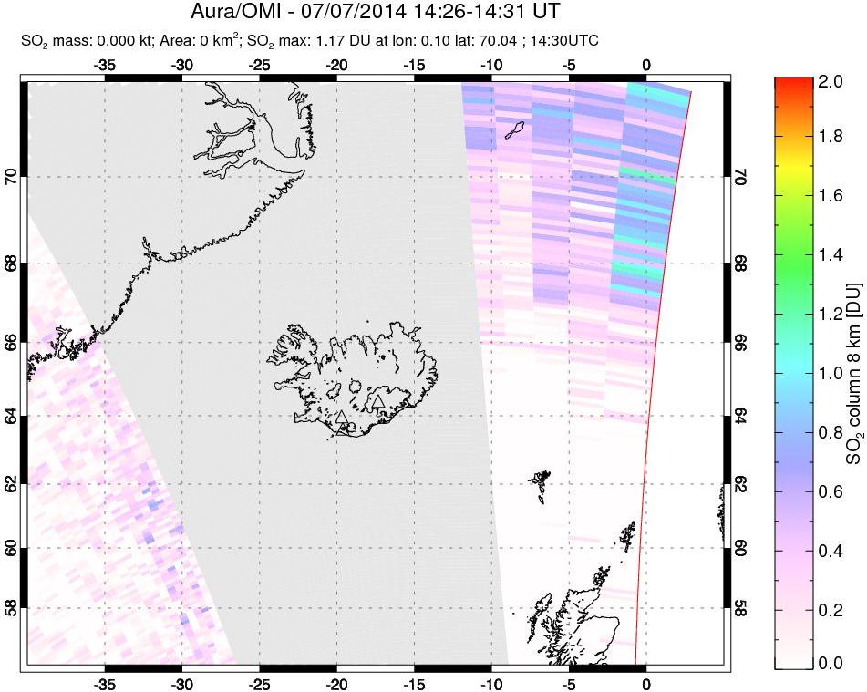 A sulfur dioxide image over Iceland on Jul 07, 2014.