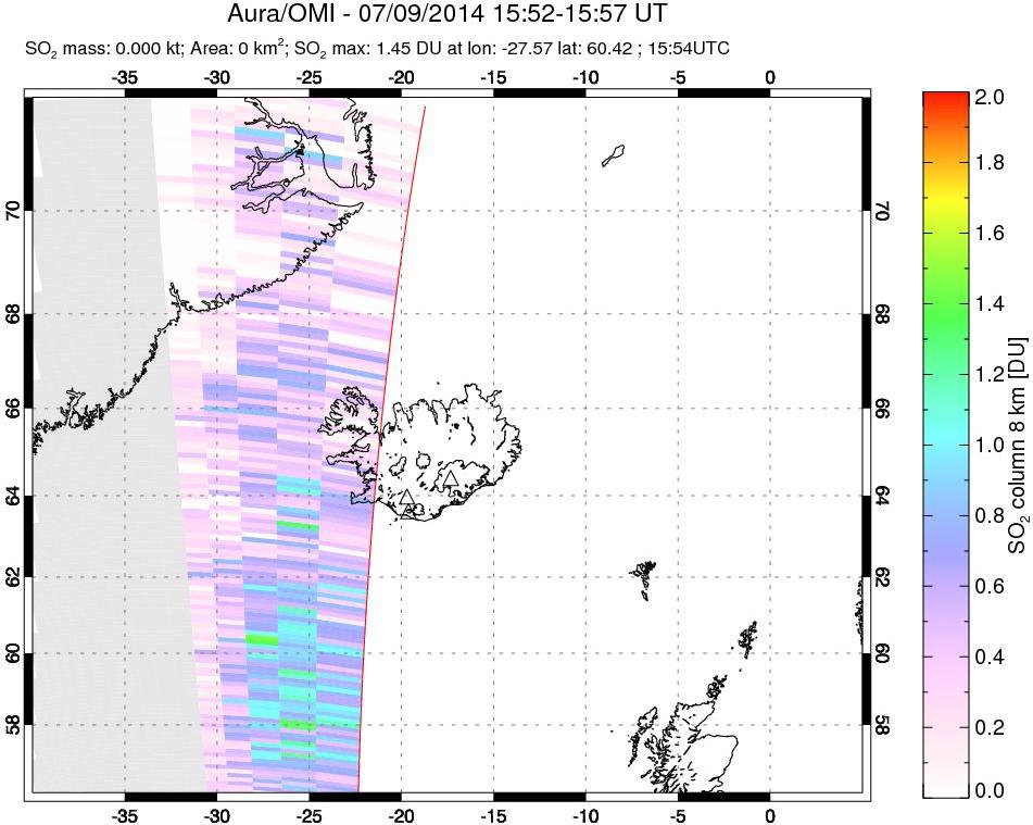 A sulfur dioxide image over Iceland on Jul 09, 2014.