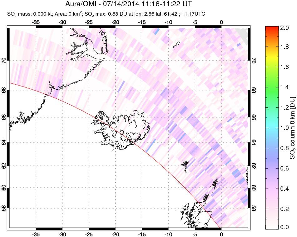 A sulfur dioxide image over Iceland on Jul 14, 2014.