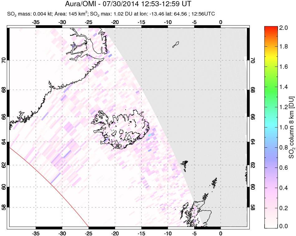 A sulfur dioxide image over Iceland on Jul 30, 2014.