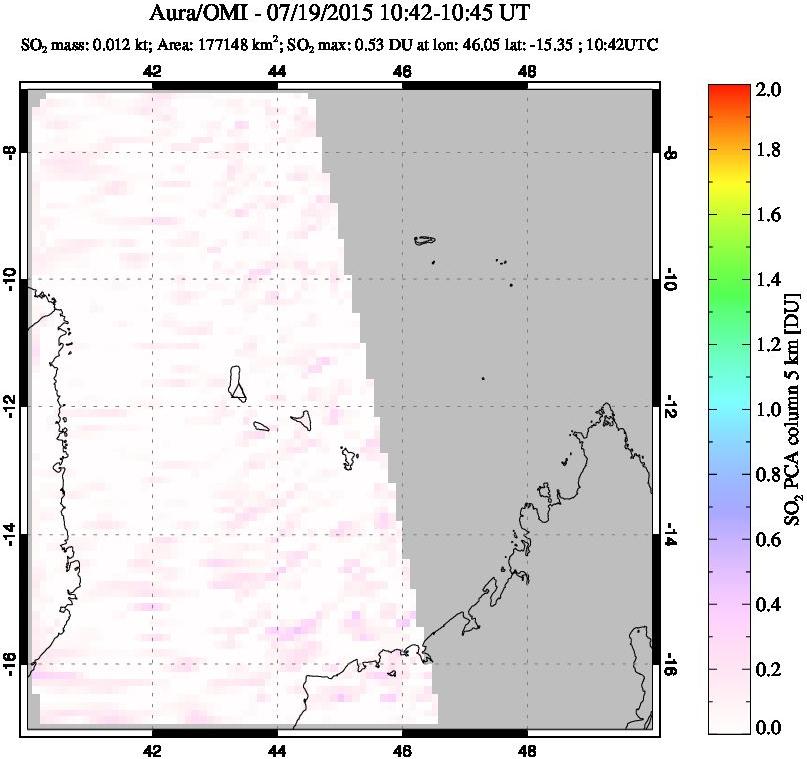 A sulfur dioxide image over Comoro Islands on Jul 19, 2015.