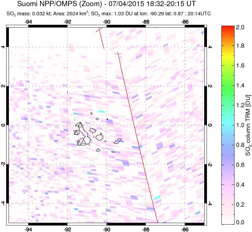 A sulfur dioxide image over Galápagos Islands on Jul 04, 2015.