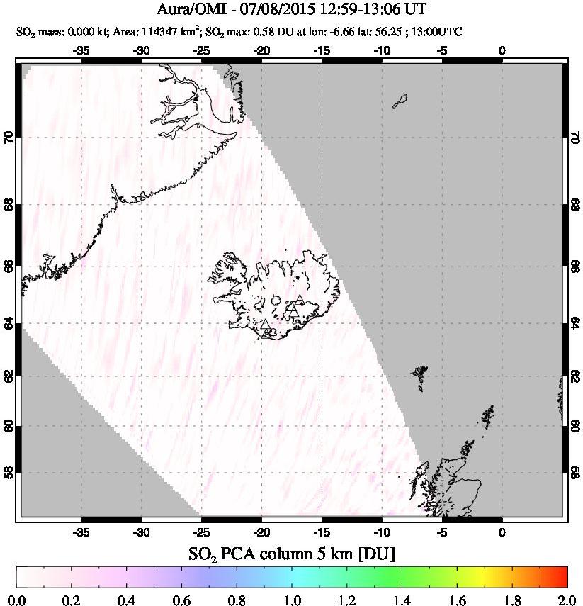 A sulfur dioxide image over Iceland on Jul 08, 2015.