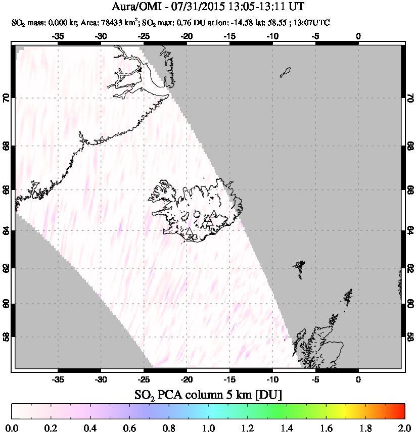 A sulfur dioxide image over Iceland on Jul 31, 2015.