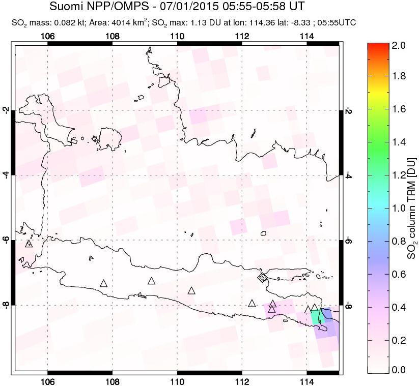 A sulfur dioxide image over Java, Indonesia on Jul 01, 2015.