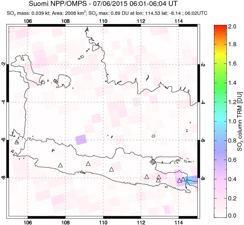 A sulfur dioxide image over Java, Indonesia on Jul 06, 2015.