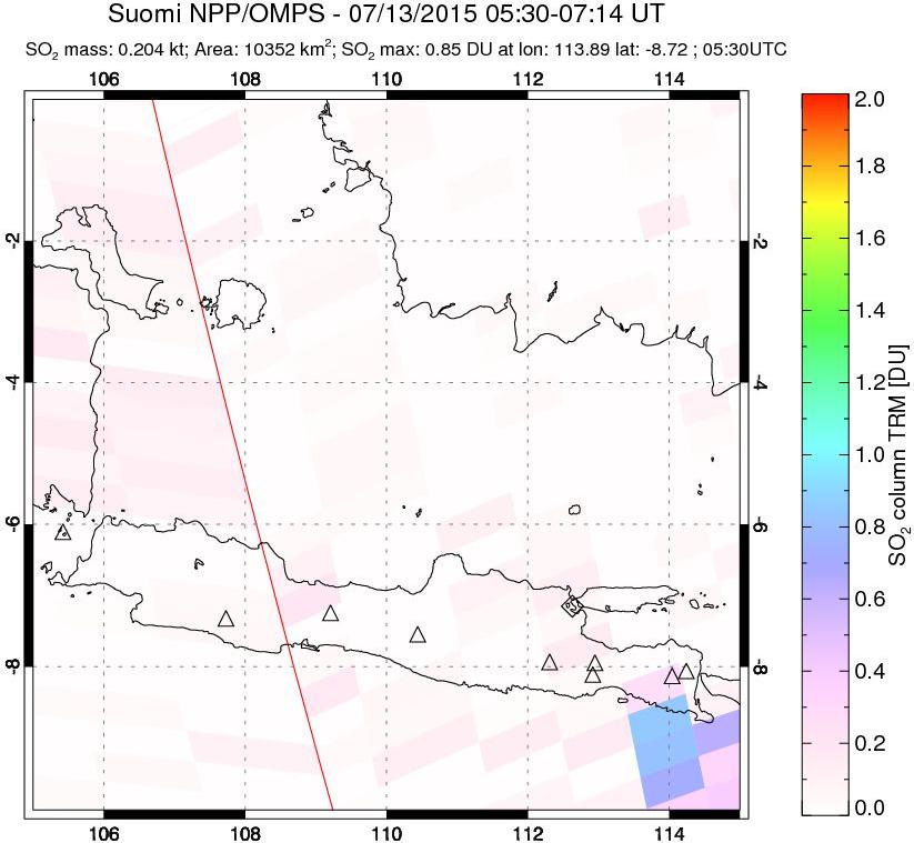 A sulfur dioxide image over Java, Indonesia on Jul 13, 2015.