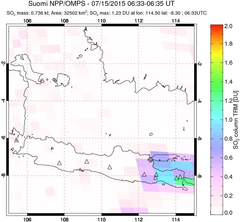A sulfur dioxide image over Java, Indonesia on Jul 15, 2015.