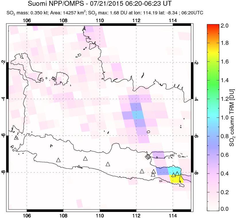 A sulfur dioxide image over Java, Indonesia on Jul 21, 2015.