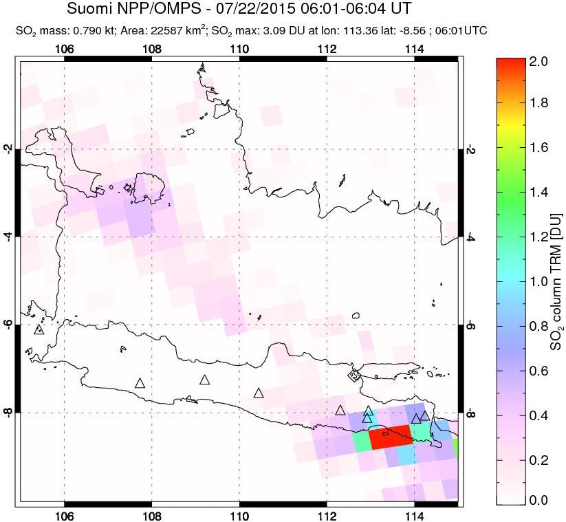 A sulfur dioxide image over Java, Indonesia on Jul 22, 2015.