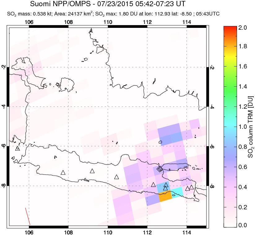A sulfur dioxide image over Java, Indonesia on Jul 23, 2015.