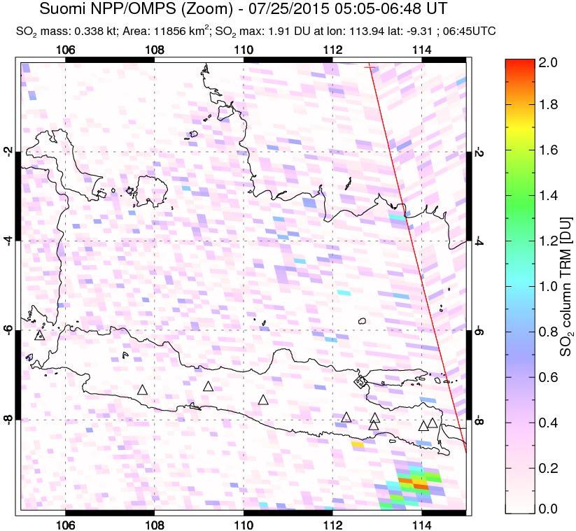 A sulfur dioxide image over Java, Indonesia on Jul 25, 2015.