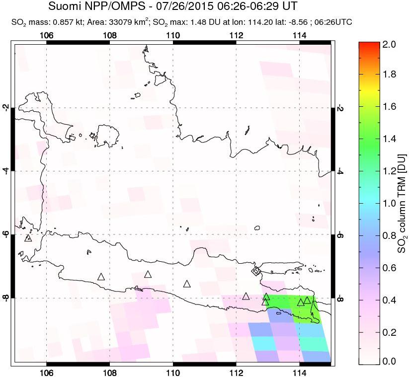 A sulfur dioxide image over Java, Indonesia on Jul 26, 2015.
