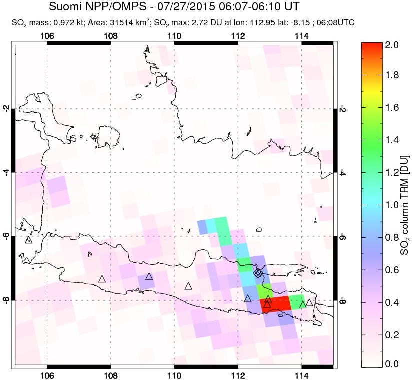 A sulfur dioxide image over Java, Indonesia on Jul 27, 2015.