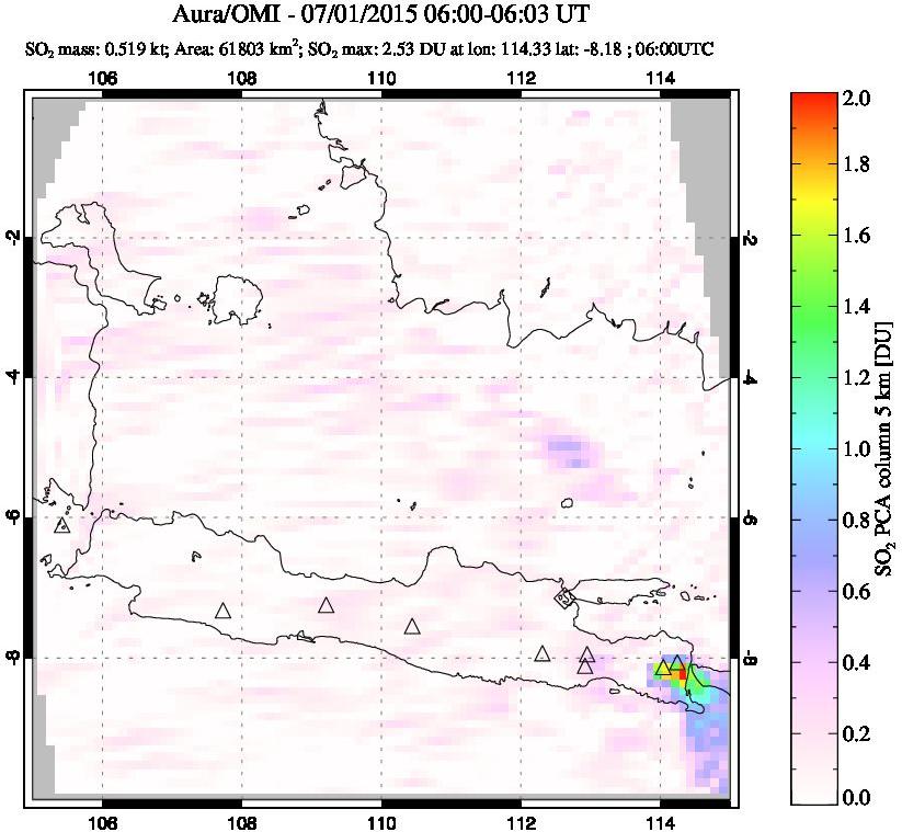 A sulfur dioxide image over Java, Indonesia on Jul 01, 2015.
