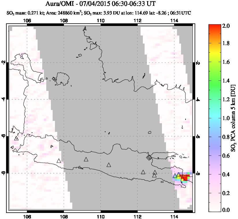 A sulfur dioxide image over Java, Indonesia on Jul 04, 2015.