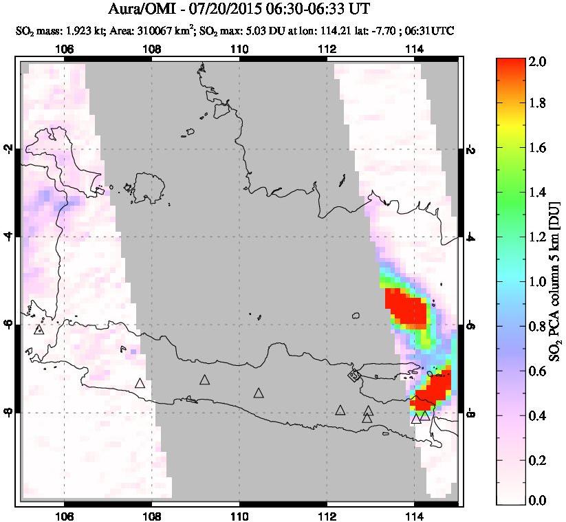 A sulfur dioxide image over Java, Indonesia on Jul 20, 2015.