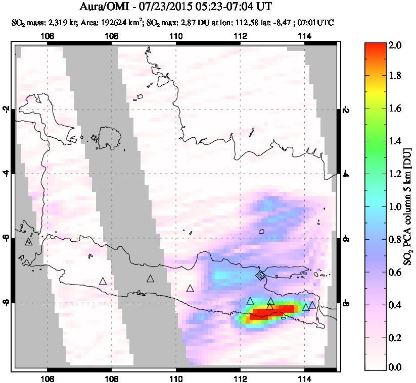 A sulfur dioxide image over Java, Indonesia on Jul 23, 2015.