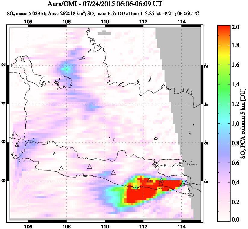 A sulfur dioxide image over Java, Indonesia on Jul 24, 2015.