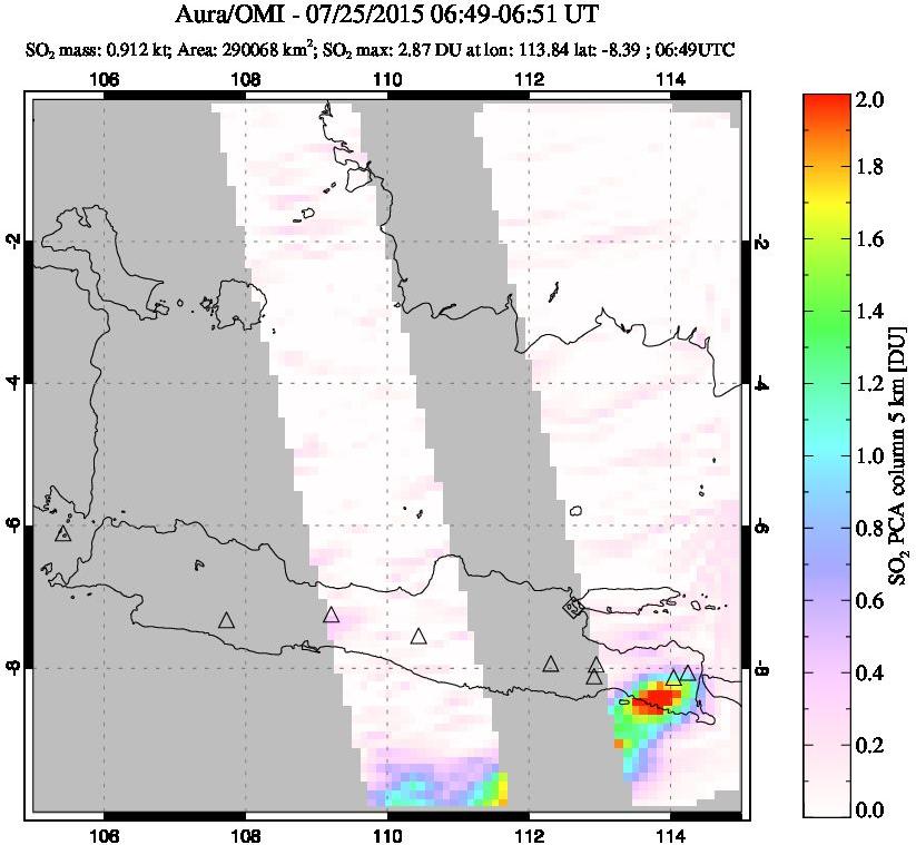 A sulfur dioxide image over Java, Indonesia on Jul 25, 2015.