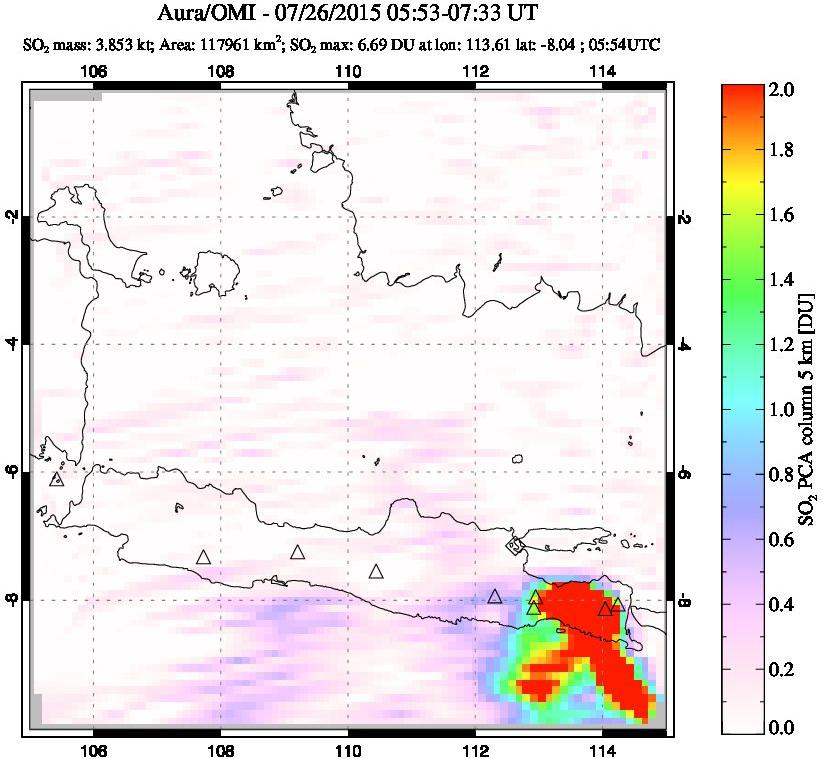 A sulfur dioxide image over Java, Indonesia on Jul 26, 2015.