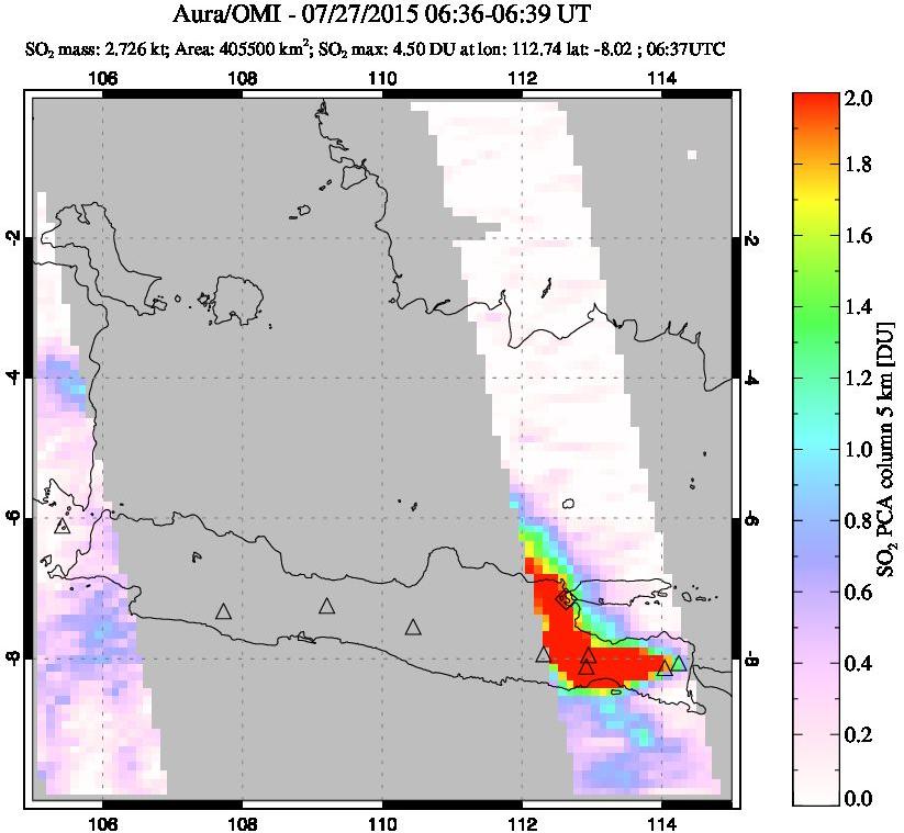A sulfur dioxide image over Java, Indonesia on Jul 27, 2015.