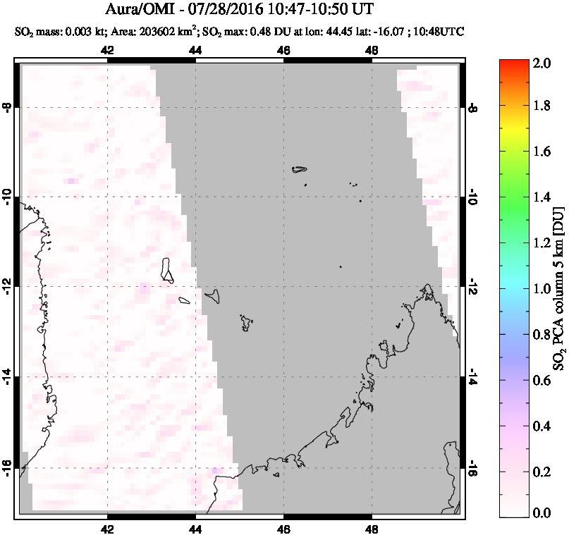 A sulfur dioxide image over Comoro Islands on Jul 28, 2016.