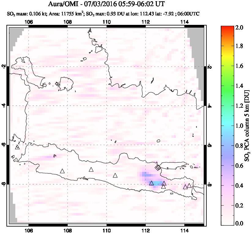 A sulfur dioxide image over Java, Indonesia on Jul 03, 2016.
